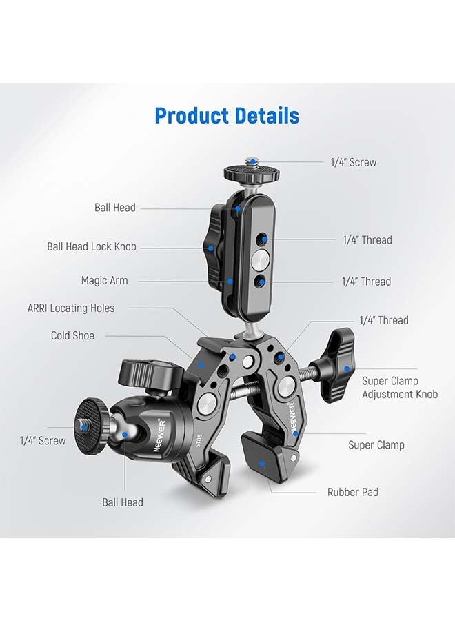 NEEWER Super Clamp with 3" Dual Ballhead Magic Arm, Ball Head Adapter, Cold Shoe, Phone Holder, Action Camera Clamp Mount for Flat/Round Surface Compatible with GoPro DJI iPhone 15 Pro Max, ST85 - Image 5