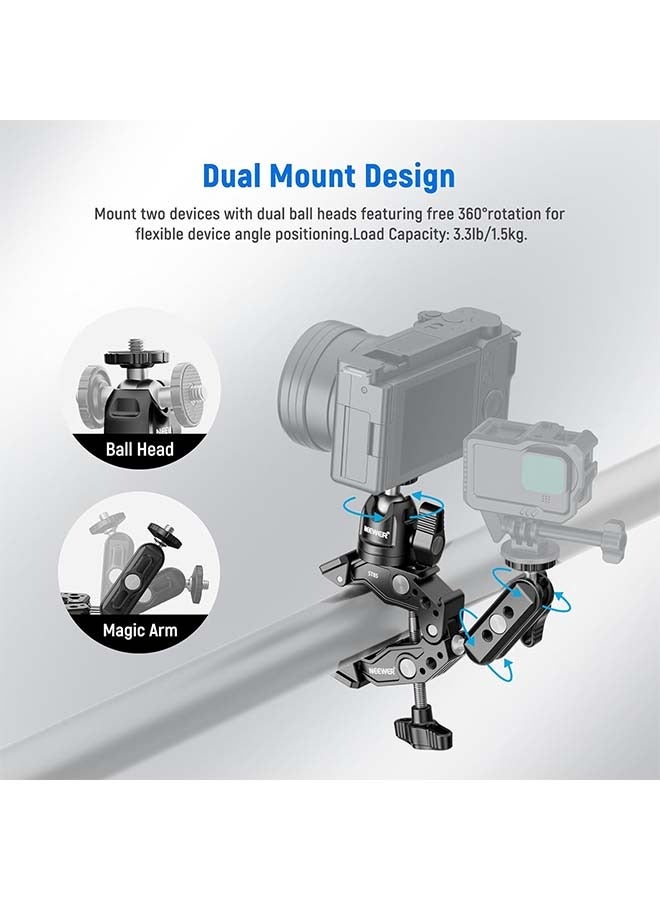 NEEWER Super Clamp with 3" Dual Ballhead Magic Arm, Ball Head Adapter, Cold Shoe, Phone Holder, Action Camera Clamp Mount for Flat/Round Surface Compatible with GoPro DJI iPhone 15 Pro Max, ST85 - Image 3