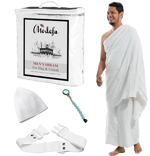 Modefa Islamic Mens Ihram Towel Set for Hajj Umrah  2 Piece Set  110 x 220 100 Cotton  Combo with Belt Kufi and Tawaf Beads