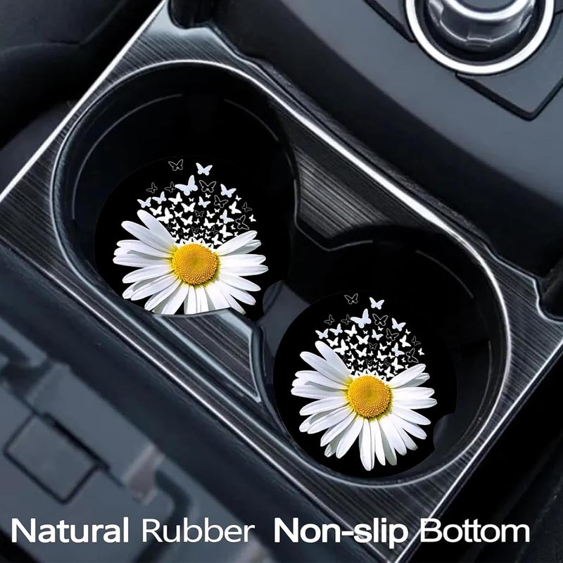 Ldntly Car Coasters for Cup Holders,2 Pack White Daisy Butterfly Car Cup Holder Coasters,2.75" Universal Size Anti Slip Rubber Mat,Automotive Cup Holder Decal Decor Accessories,Daisy Gifts for Women,Men - Image 2