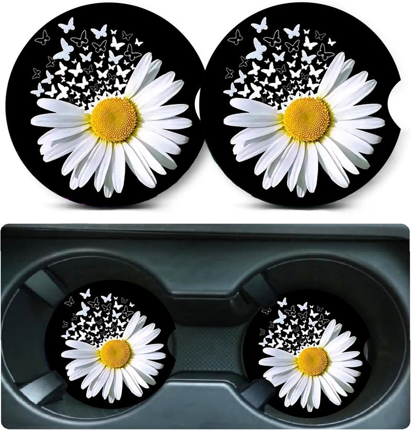 Ldntly Car Coasters for Cup Holders,2 Pack White Daisy Butterfly Car Cup Holder Coasters,2.75" Universal Size Anti Slip Rubber Mat,Automotive Cup Holder Decal Decor Accessories,Daisy Gifts for Women,Men - Image 1