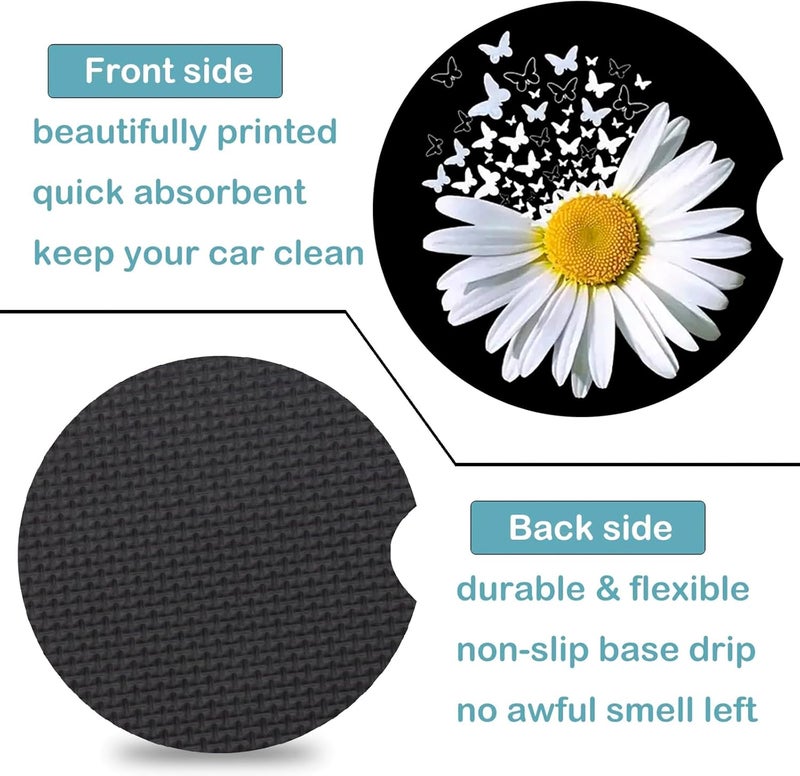 Ldntly Car Coasters for Cup Holders,2 Pack White Daisy Butterfly Car Cup Holder Coasters,2.75" Universal Size Anti Slip Rubber Mat,Automotive Cup Holder Decal Decor Accessories,Daisy Gifts for Women,Men - Image 3