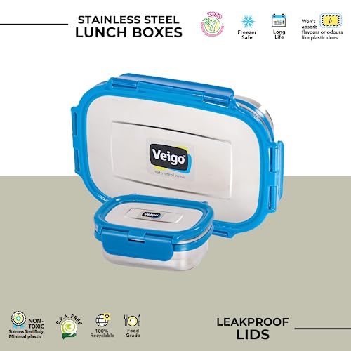 Veigo Steel Lunch Boxes for Office Men, Tiffin Box for Office Men, Lunch Box for Kids, Jumbo 950 ml, 180 ml Veg Box | Detachable Clips | Leakproof & Airtight | Durable Stainless Steel Lid | Blue - Image 5