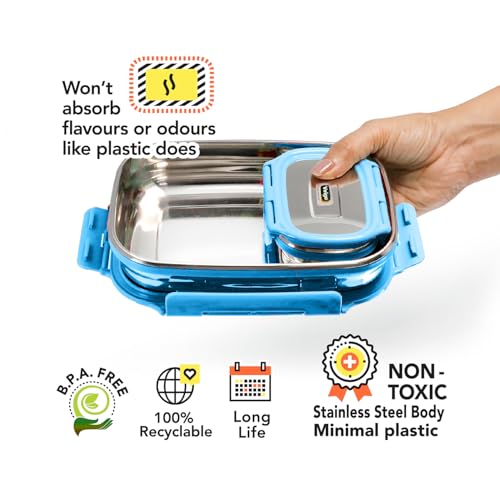 Veigo Steel Lunch Boxes for Office Men, Tiffin Box for Office Men, Lunch Box for Kids, Jumbo 950 ml, 180 ml Veg Box | Detachable Clips | Leakproof & Airtight | Durable Stainless Steel Lid | Blue - Image 2