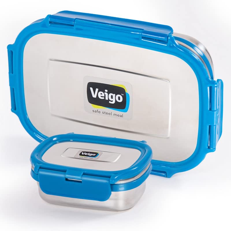 Veigo Steel Lunch Boxes for Office Men, Tiffin Box for Office Men, Lunch Box for Kids, Jumbo 950 ml, 180 ml Veg Box | Detachable Clips | Leakproof & Airtight | Durable Stainless Steel Lid | Blue - Image 1