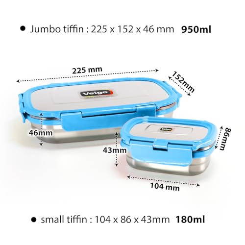 Veigo Steel Lunch Boxes for Office Men, Tiffin Box for Office Men, Lunch Box for Kids, Jumbo 950 ml, 180 ml Veg Box | Detachable Clips | Leakproof & Airtight | Durable Stainless Steel Lid | Blue - Image 3