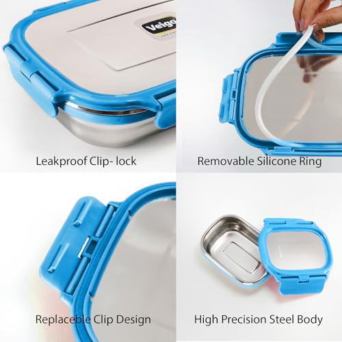 Veigo Steel Lunch Boxes for Office Men, Tiffin Box for Office Men, Lunch Box for Kids, Jumbo 950 ml, 180 ml Veg Box | Detachable Clips | Leakproof & Airtight | Durable Stainless Steel Lid | Blue - Image 4