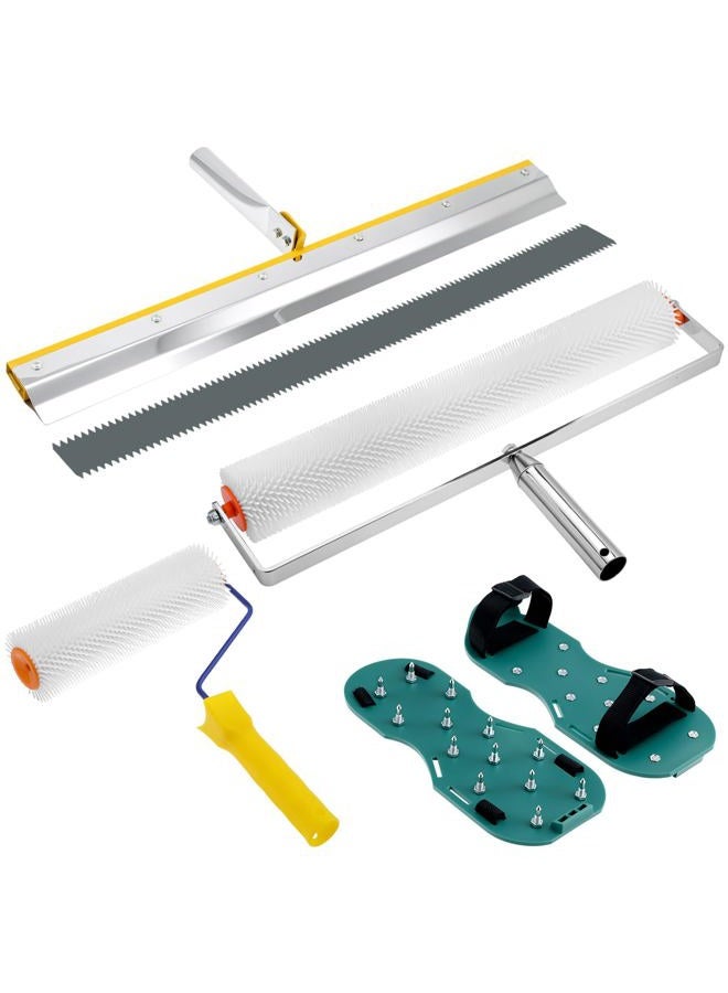 QWORK Self-Levelling Cement Tool Kit, Floor Construction Roller Spike Shoes, Epoxy Floor Paint Tool, Stainless Steel Scraper Self-Leveling Rake - Image 1