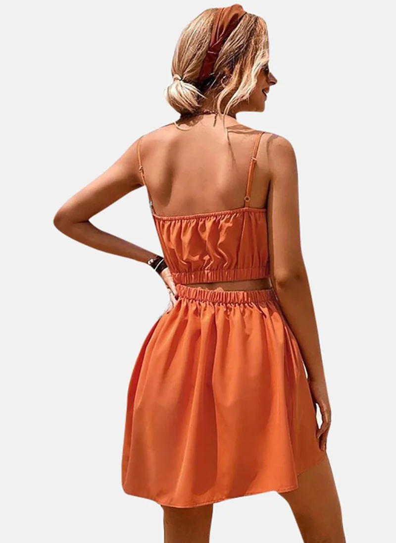 YUNIQEE Orange Solid Sleeveless Tie-up Mini Fit & Flare Dress