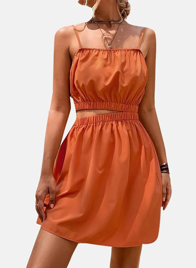 YUNIQEE Orange Solid Sleeveless Tie-up Mini Fit & Flare Dress