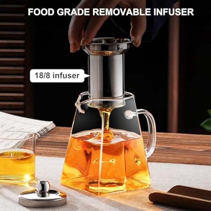 كاست ويف إبريق شاي زجاجي آمن للاستخدام على الموقد، سعة 186 أونصة، غلاية شاي شفافة من البورسليكات مع مصفاة قابلة للإزالة من الفولاذ المقاوم للصدأ 188، صانع شاي أوراق الشجر المتفتحة للتخييم والسفر، آمن للاستخدام في الميكروويف وآمن في غسالة الأطباق - Image 2