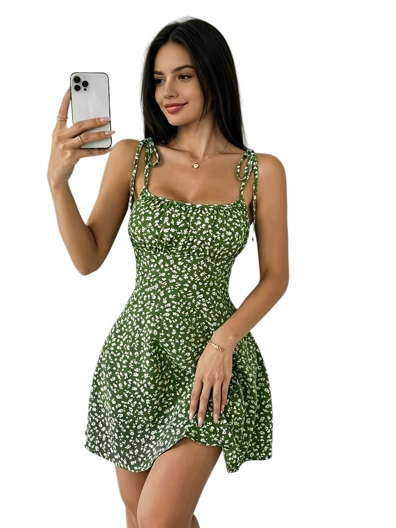 Summer French New Sweet Waist A-Line Fashionable Short Skirt Floral Elegant Suspender Loose Mini Dress - Image 1
