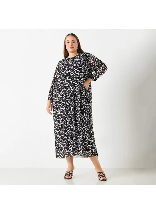 Ulla Popken Plus Size Ulla Popken All-Over Animal Print Midi Dress with Long Sleeves