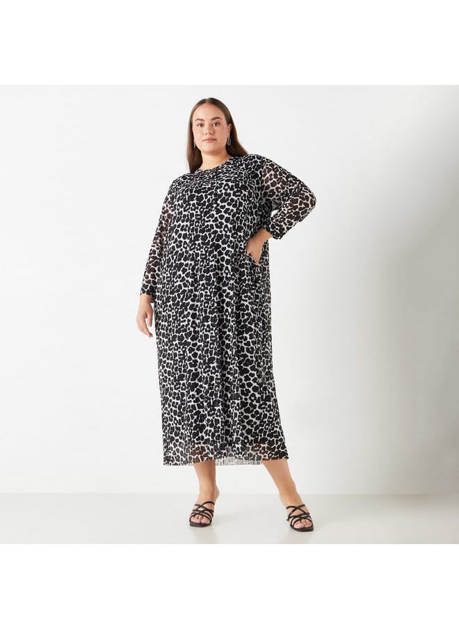 Ulla Popken Plus Size Ulla Popken All-Over Animal Print Midi Dress with Long Sleeves  - Image 1