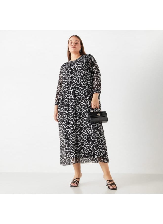 Ulla Popken Plus Size Ulla Popken All-Over Animal Print Midi Dress with Long Sleeves  - Image 2