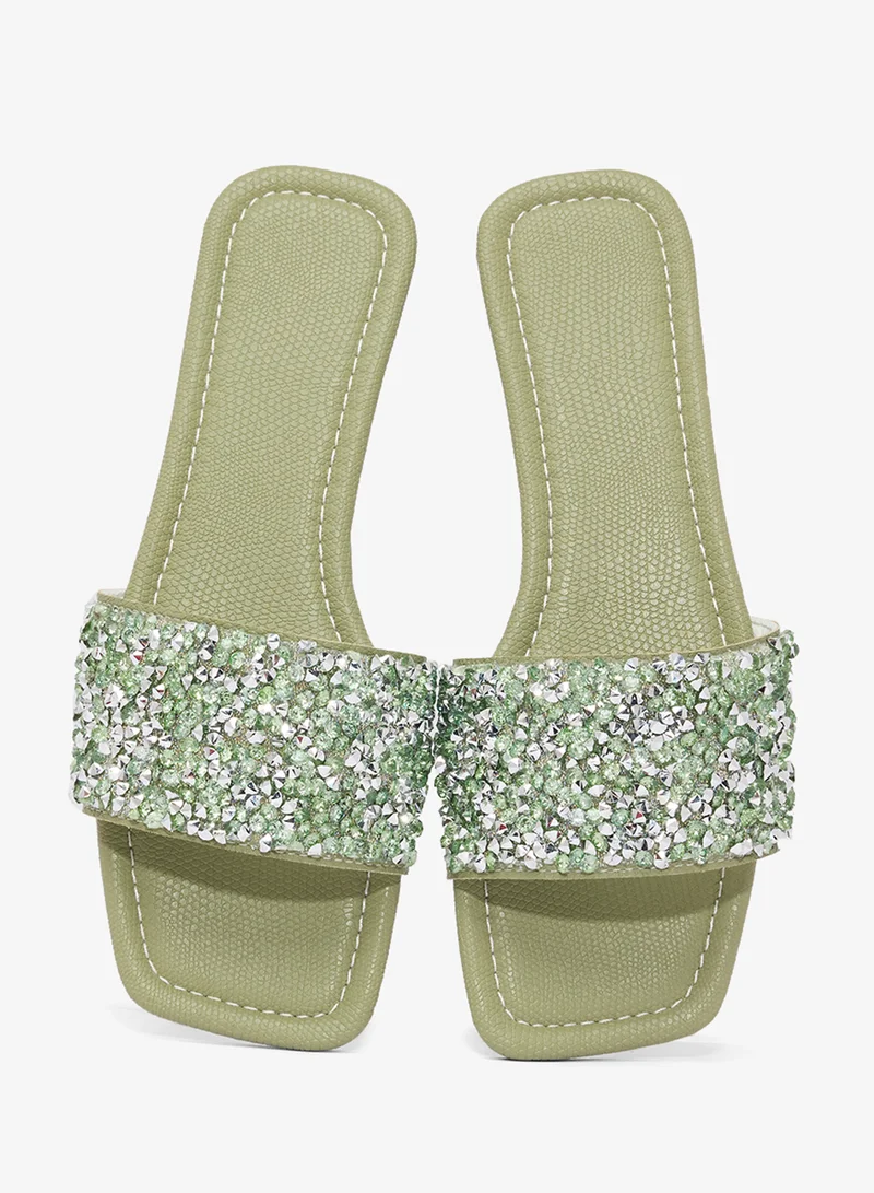 Khizana Green Embellished Detailed Flat Sandals for Women | Best Price UAE