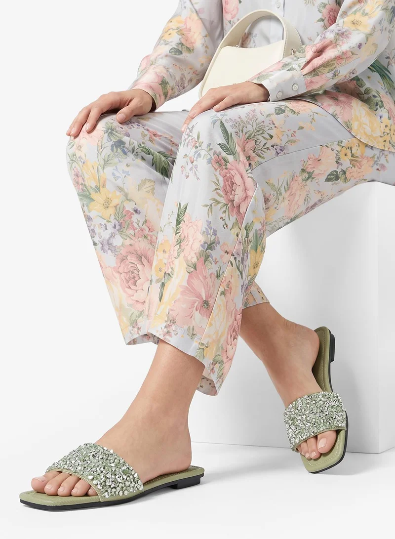 Khizana Green Embellished Detailed Flat Sandals for Women | Best Price UAE