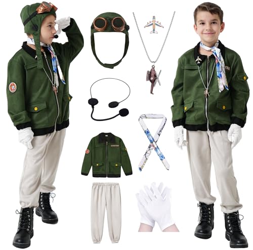 Akokvlar 9 Pcs Kids Pilot Aviator Costume Earhart Historical Costume for Girls Boys Amy Green 1112 Years - Image 1