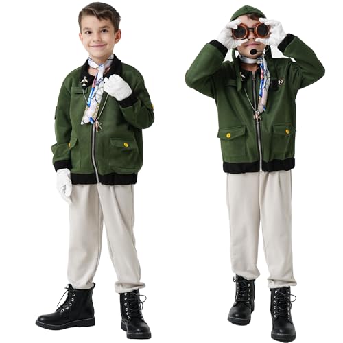 Akokvlar 9 Pcs Kids Pilot Aviator Costume Earhart Historical Costume for Girls Boys Amy Green 1112 Years - Image 5