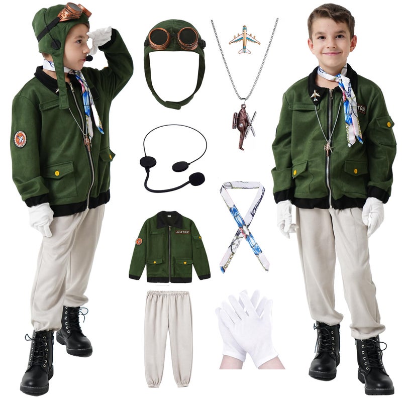 Akokvlar 9 Pcs Kids Pilot Aviator Costume Earhart Historical Costume for Girls Boys Amy Green 1112 Years - Image 3