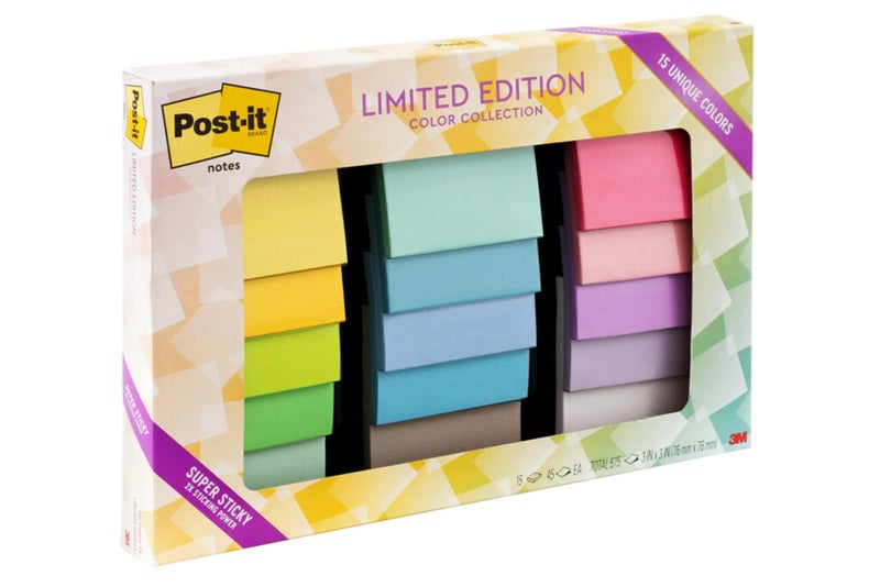 Post-it ملاحظات بوست-إت سوبر لاصقة، مجموعة ألوان إصدار محدود، 3x3 بوصة، 15 دفتر/عبوة، 45 ورقة/دفتر - Image 1