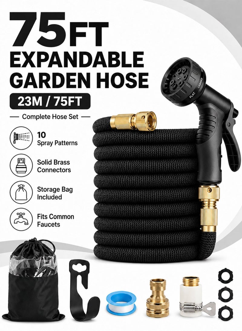 Favarey 75ft Expandable Garden Hose with 10-Function Nozzle, Solid Brass Connectors, and Storage Bag - No-Kink Flexible Water Hose for Garden, Car, and Pet Cleaning - Image 2