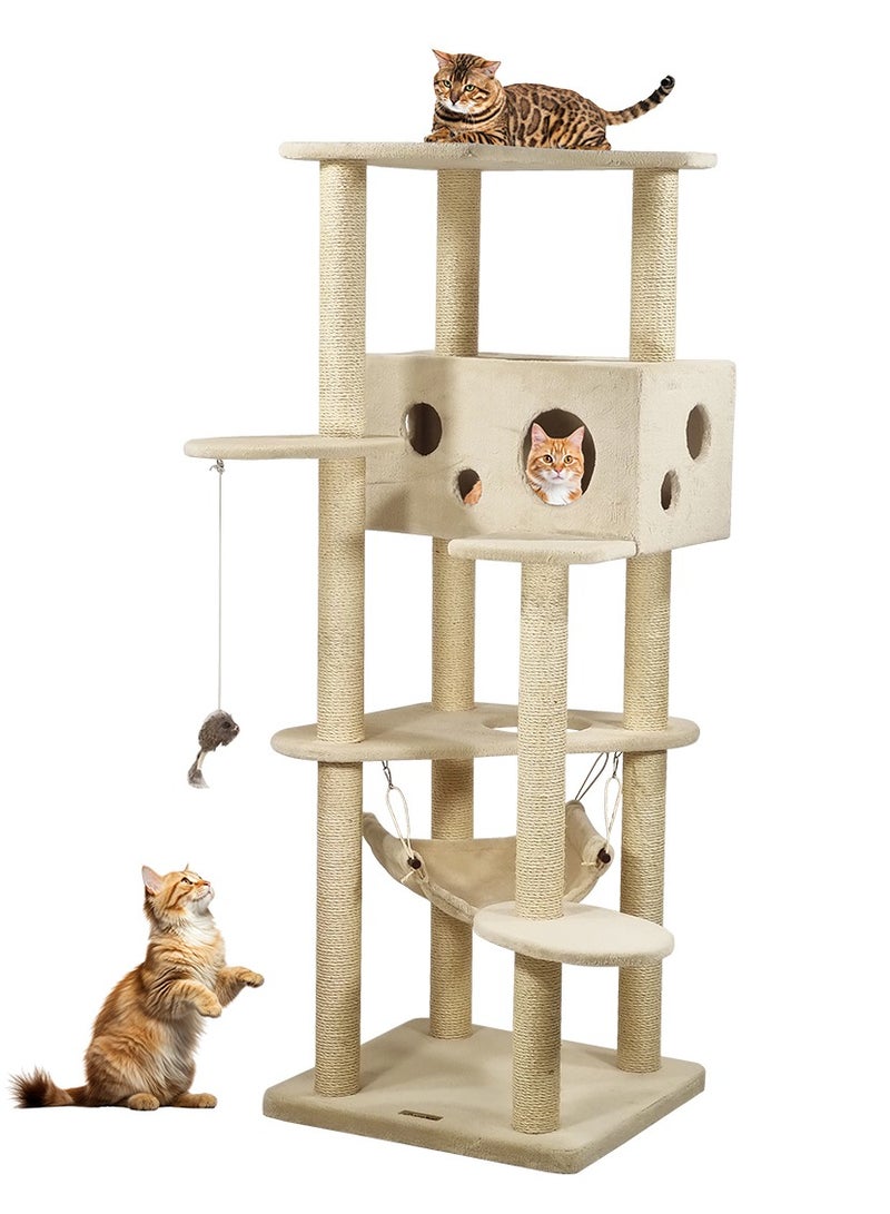 MAJIBAO Cat tree tower activity center with Top platform, Sisal scratching post, Spacious cat condo, Cat toy, and Soft hammock, Multi-level cat tree tower for indoor cats 163 cm (Beige) - Image 1