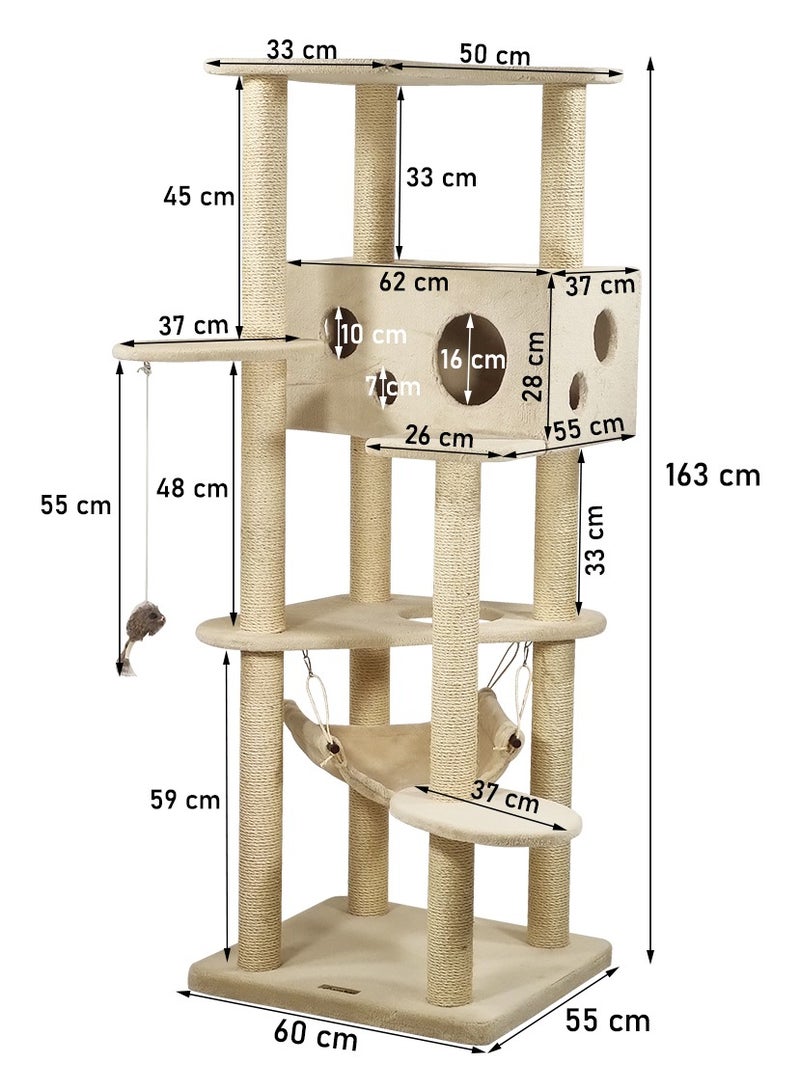 MAJIBAO Cat tree tower activity center with Top platform, Sisal scratching post, Spacious cat condo, Cat toy, and Soft hammock, Multi-level cat tree tower for indoor cats 163 cm (Beige) - Image 2