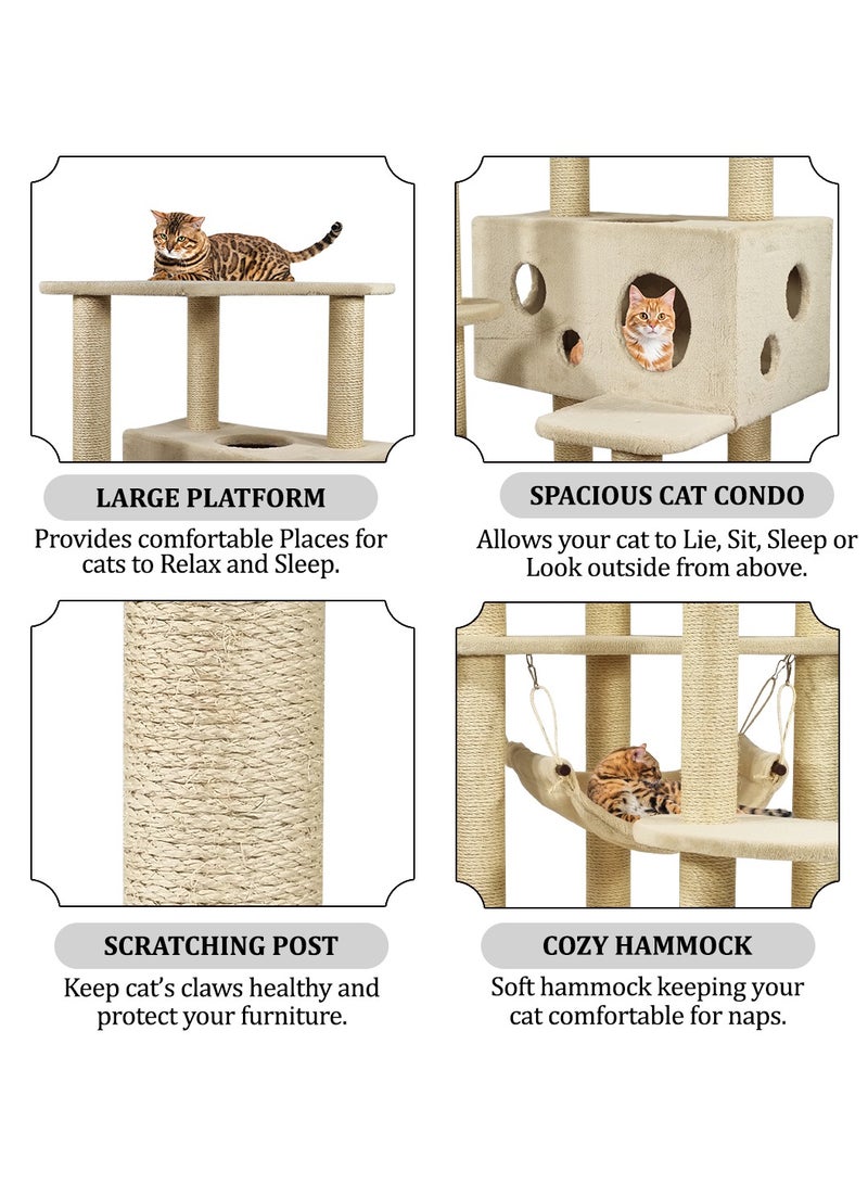 MAJIBAO Cat tree tower activity center with Top platform, Sisal scratching post, Spacious cat condo, Cat toy, and Soft hammock, Multi-level cat tree tower for indoor cats 163 cm (Beige) - Image 3