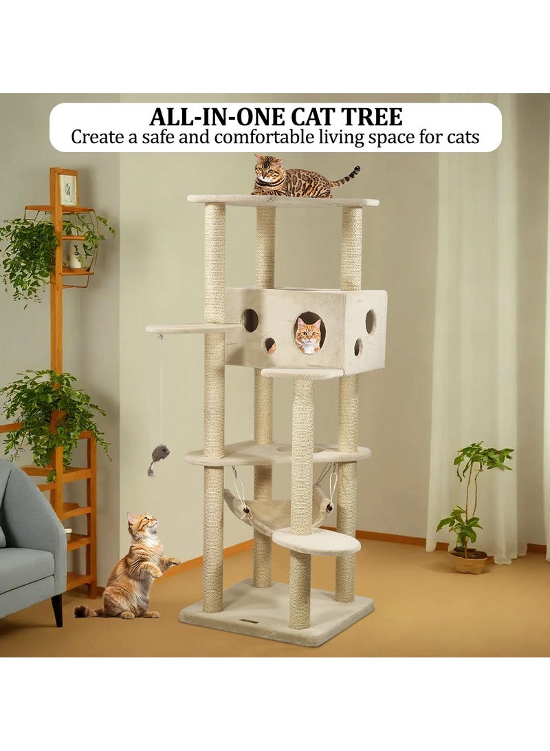 MAJIBAO Cat tree tower activity center with Top platform, Sisal scratching post, Spacious cat condo, Cat toy, and Soft hammock, Multi-level cat tree tower for indoor cats 163 cm (Beige) - Image 4
