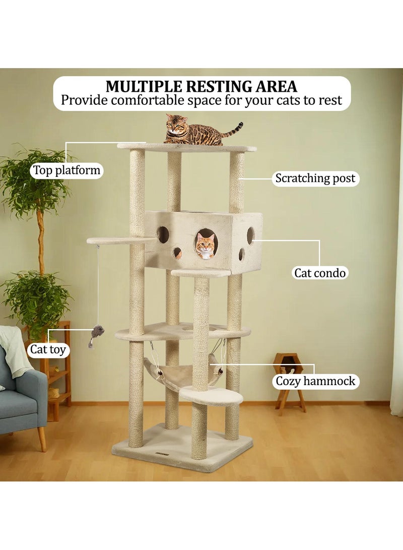 MAJIBAO Cat tree tower activity center with Top platform, Sisal scratching post, Spacious cat condo, Cat toy, and Soft hammock, Multi-level cat tree tower for indoor cats 163 cm (Beige) - Image 5