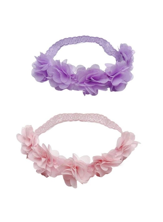 جيلوكيبو عصابة رأس جيلوكيبو بيبي بيبي من الدانتيل المرن على شكل زهور، عصابة رأس ذهبية مرنة على شكل أميرة زهرية للأطفال الرضع والفتيات الصغيرات (عبوة من قطعتين، بنفسجي وردي) - Image 1