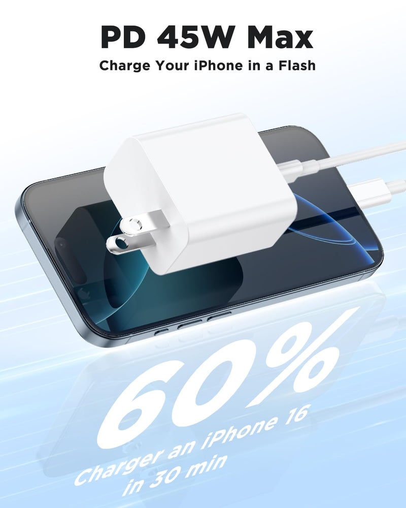 Hcoob 45W iPhone 17 Air 16 15 Pro Max Charger Fast Charging 6FT/10 FT/10FT,Super Fast USB C Charger Block with Extra Long Type C Charger Cable,PD Quick Adapter 3.0 for iPhone 17 16 15/17 16e 15Pro/16 Plus - Image 4