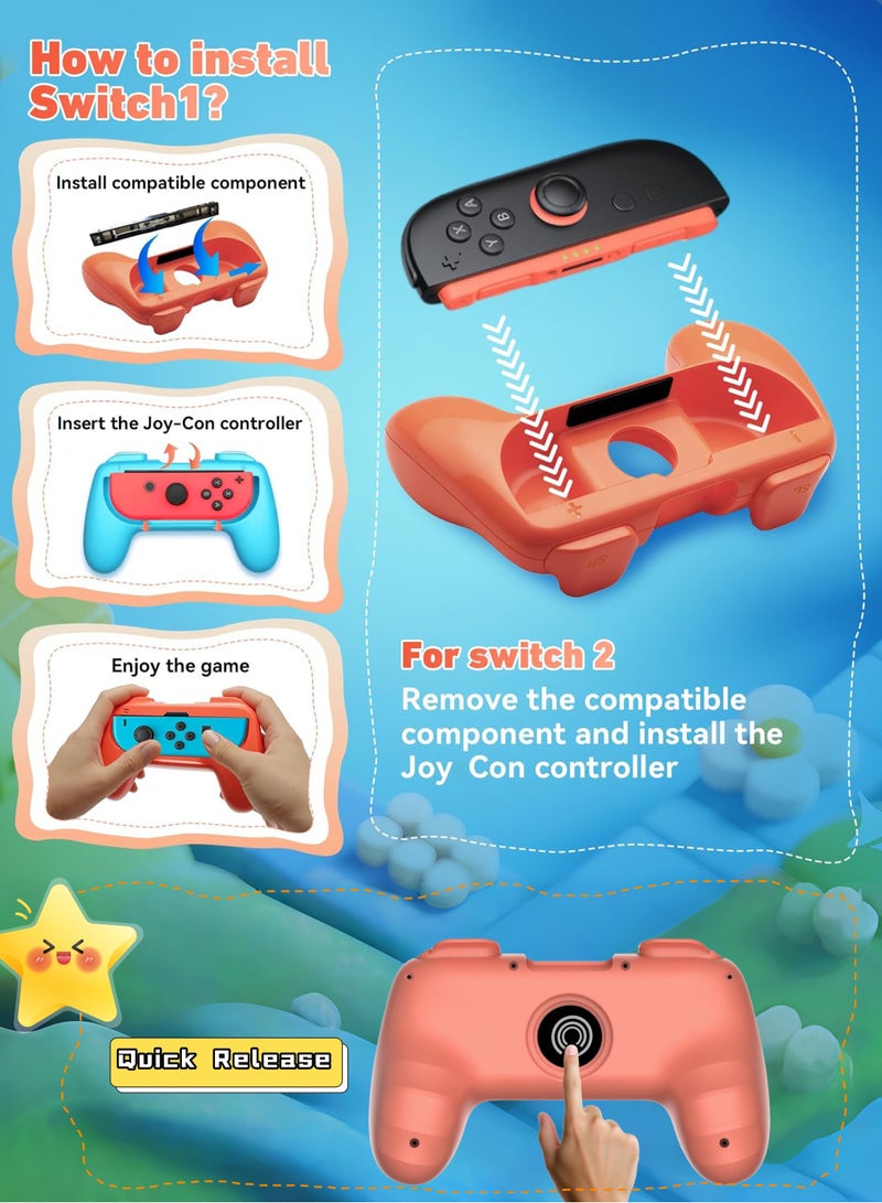 CoolRabbie Hand Grip for Nintendo Switch 2/1 Joy-Con, Joycon Handle Grips for NS2/NS/OLED, Non-Slip 2-Pack Blue&Orange, With 6 Pcs Thumb Grip Caps for Joy-Con 2 Controllers - Image 5