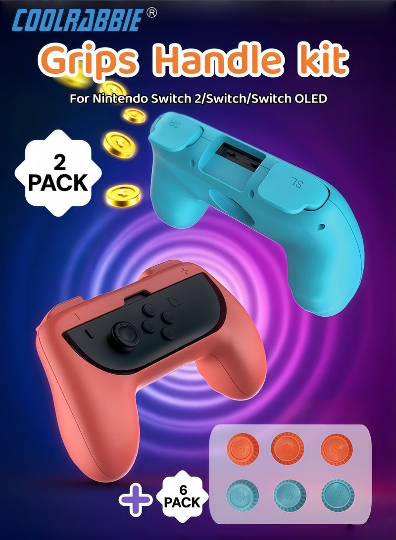 CoolRabbie Hand Grip for Nintendo Switch 2/1 Joy-Con, Joycon Handle Grips for NS2/NS/OLED, Non-Slip 2-Pack Blue&Orange, With 6 Pcs Thumb Grip Caps for Joy-Con 2 Controllers - Image 1