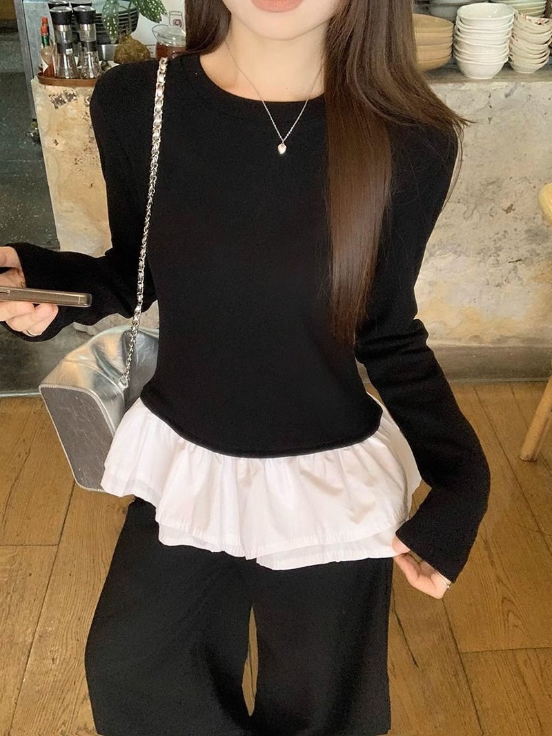 [Self-set Factory in stock Now] Design Sense Fake Two-piece Lace Stitching T-shirt Womens Autumn Niche Black