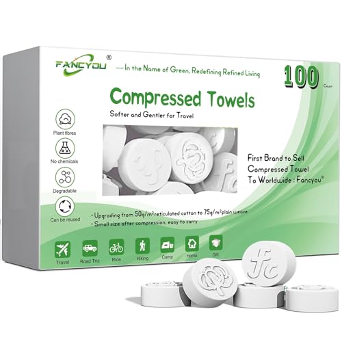 Fancyou Compressed Towel Tablets 100 Count, Thickened Disposable Face Towel 100% Cotton Biodegradable Cloths, Portable Mini Compressed Washcloths Coin Tissue for Travel, Gym, Home, Outdoor Activities - Image 1