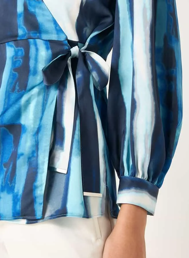 Iconic Iconic Printed V-neck Wrap Top with Long Sleeves
