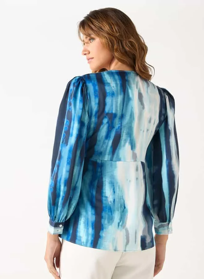 Iconic Iconic Printed V-neck Wrap Top with Long Sleeves