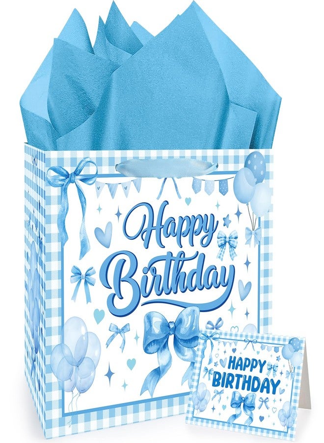 TAKEALOOKO Blue Bow Gift Bag for Girls - Birthday Favor Bags with Wrapping Paper & Greeting Card, Blue Bows Party Supplies, Cute Bowknot Theme Present Candybags for Bday Celebration - Image 1
