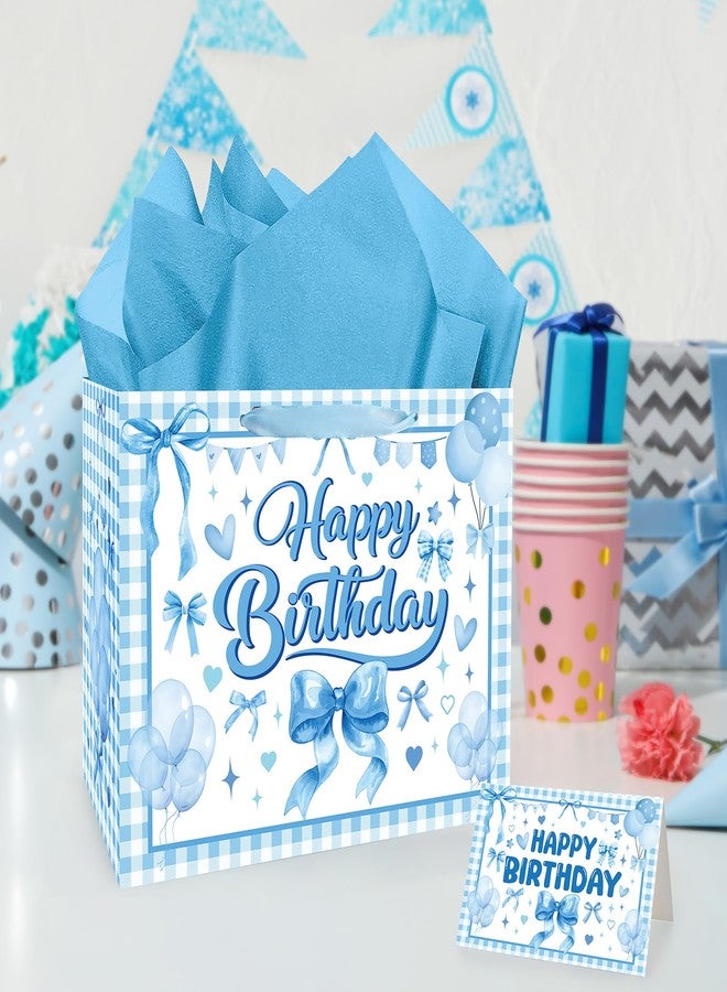 TAKEALOOKO Blue Bow Gift Bag for Girls - Birthday Favor Bags with Wrapping Paper & Greeting Card, Blue Bows Party Supplies, Cute Bowknot Theme Present Candybags for Bday Celebration - Image 2