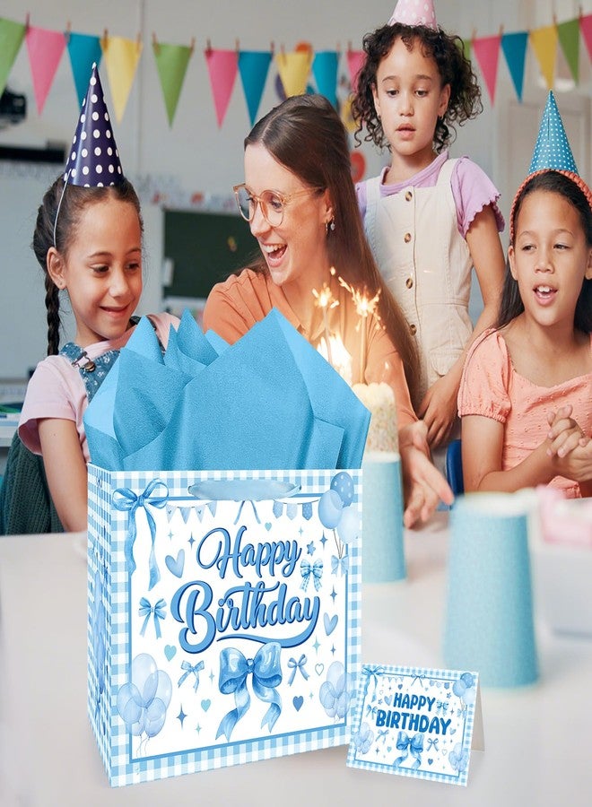 TAKEALOOKO Blue Bow Gift Bag for Girls - Birthday Favor Bags with Wrapping Paper & Greeting Card, Blue Bows Party Supplies, Cute Bowknot Theme Present Candybags for Bday Celebration - Image 4