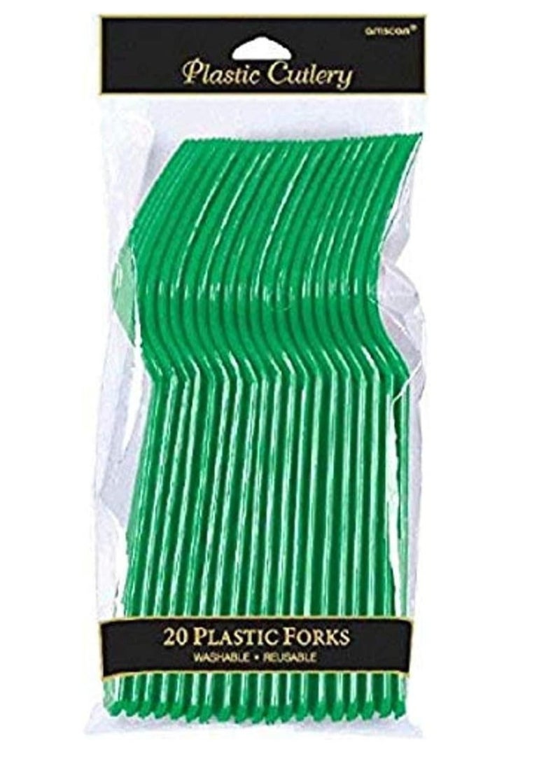 Amscan شوكة بلاستيكية ثقيلة قابلة لإعادة الاستخدام، خضراء - 20 قطعة - Image 1