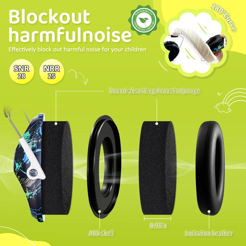 PROHEAR 032 حماية أذن الأطفال سماعات أذن أمان، NRR 25dB تقليل الضوضاء سماعات أذن للأطفال، سماعات حماية السمع مع رأس قابلة للتعديل للفعاليات الرياضية، الحفلات، السباقات، المطارات - نمط جرافيتي - Image 2