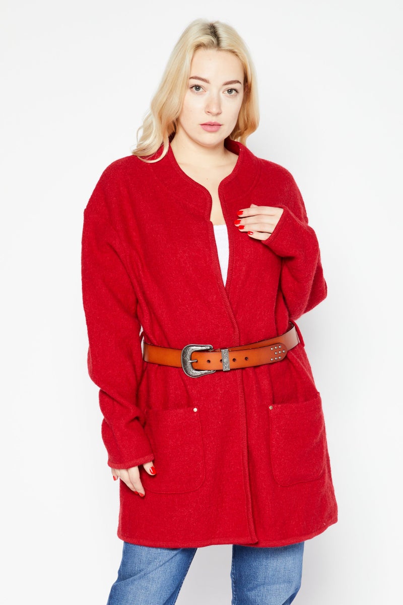 IKKS Women Belted Split Neck Textured Cardigan, Red - Image 1