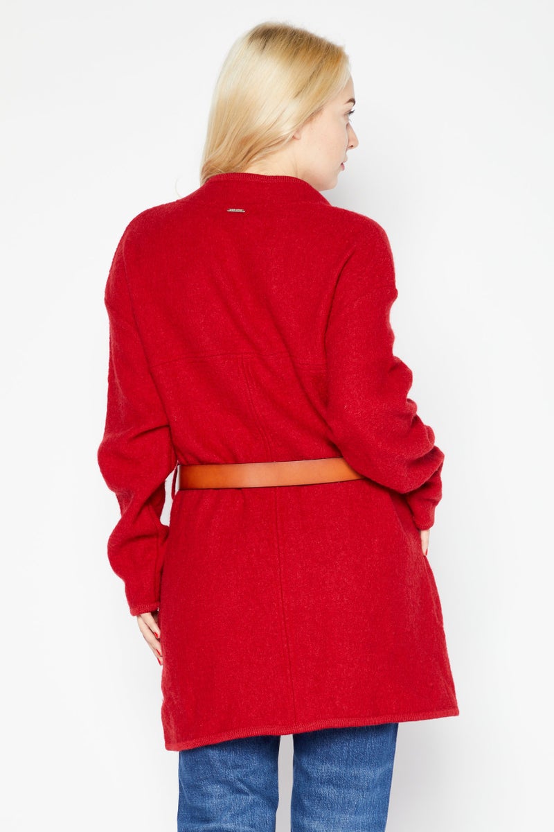 IKKS Women Belted Split Neck Textured Cardigan, Red - Image 3