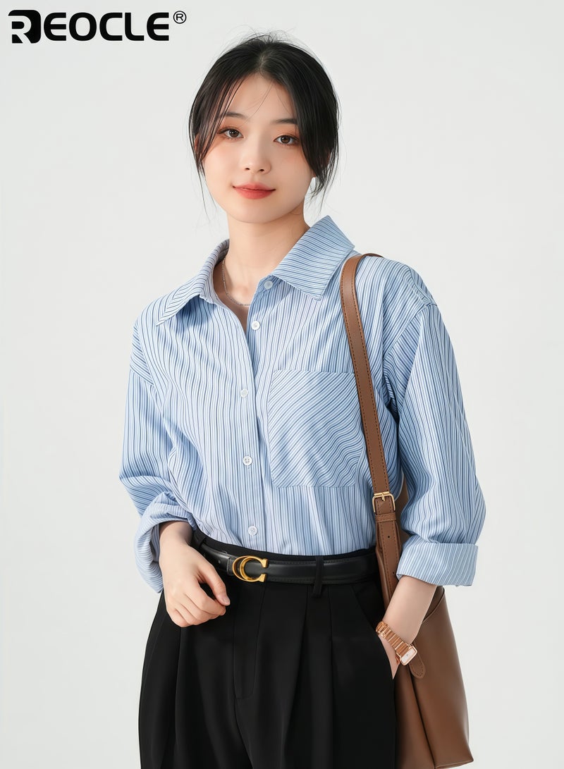 REOCLE Women's Striped Button-Down Shirt Oversized Long Sleeve Collared Blouse with Chest Pocket Casual Office Wear Top for Daily & Formal Occasions - Image 5