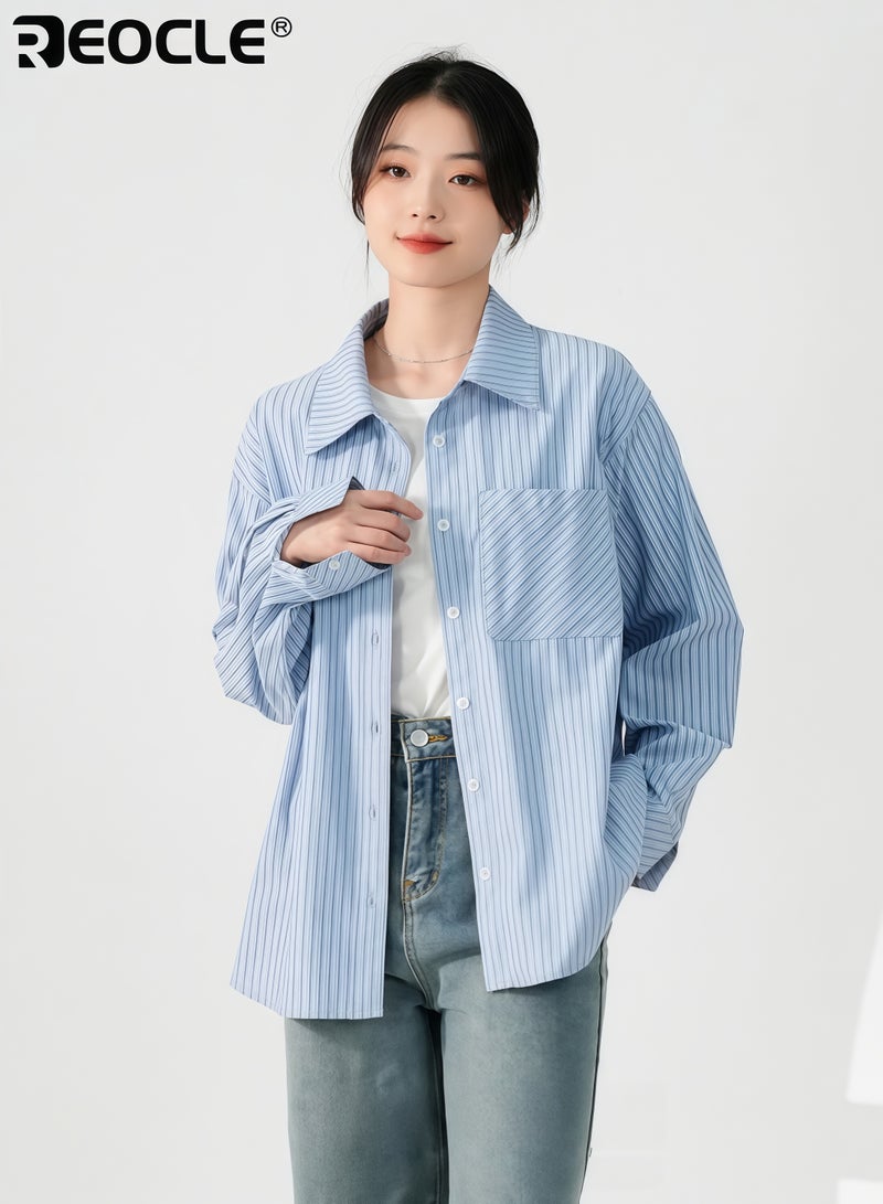 REOCLE Women's Striped Button-Down Shirt Oversized Long Sleeve Collared Blouse with Chest Pocket Casual Office Wear Top for Daily & Formal Occasions - Image 1