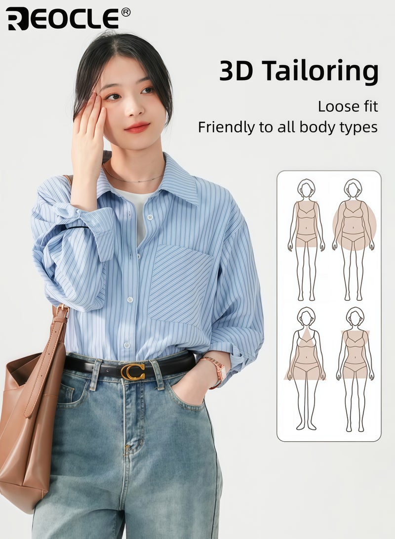 REOCLE Women's Striped Button-Down Shirt Oversized Long Sleeve Collared Blouse with Chest Pocket Casual Office Wear Top for Daily & Formal Occasions - Image 4
