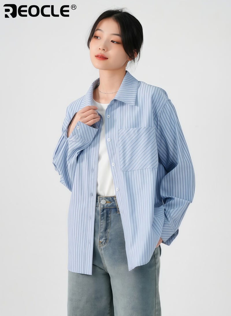 REOCLE Women's Striped Button-Down Shirt Oversized Long Sleeve Collared Blouse with Chest Pocket Casual Office Wear Top for Daily & Formal Occasions - Image 3